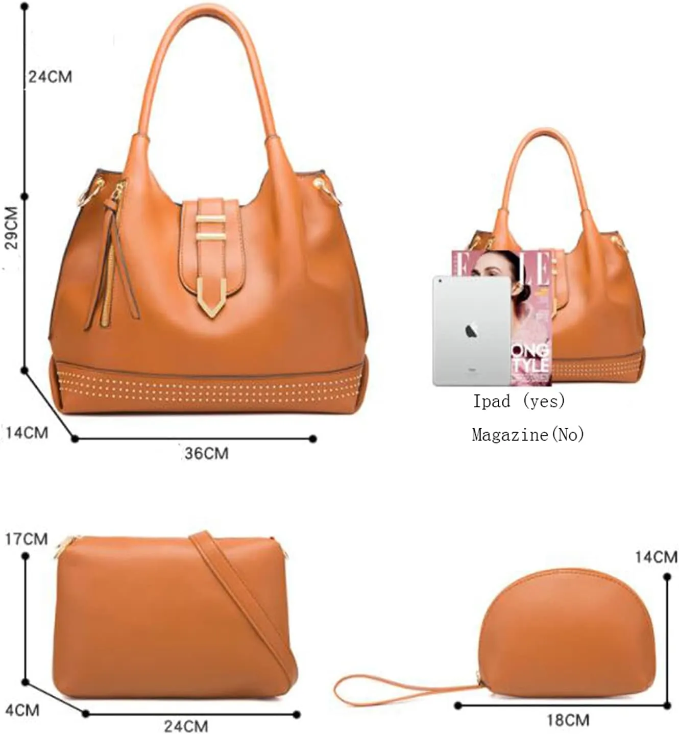 Tote Handbag for Women Pu Leather Rivets Shoulder Crossbody Bag Satchel Clutch Purses 3 Pcs Set