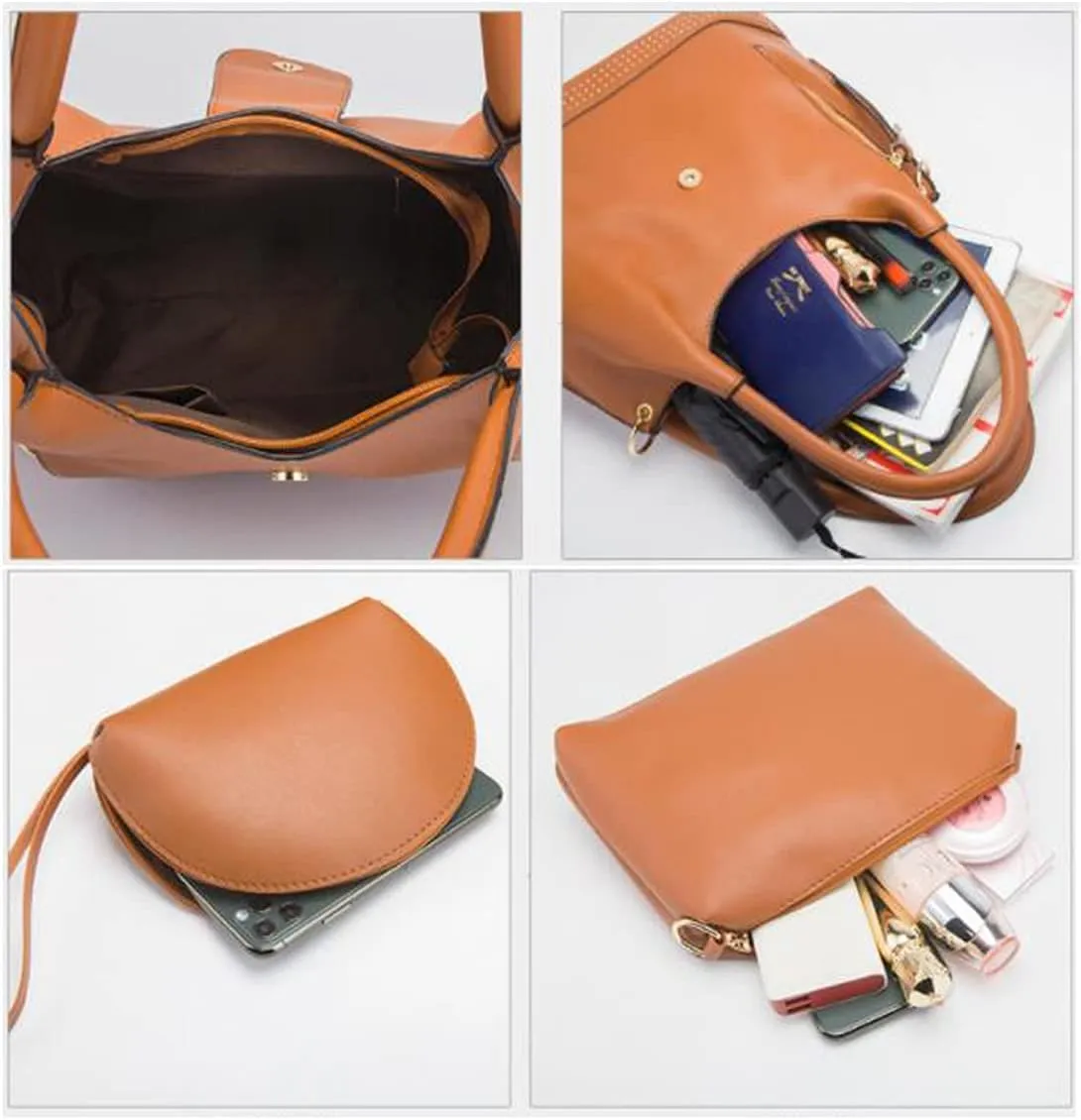 Tote Handbag for Women Pu Leather Rivets Shoulder Crossbody Bag Satchel Clutch Purses 3 Pcs Set