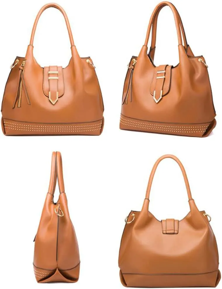 Tote Handbag for Women Pu Leather Rivets Shoulder Crossbody Bag Satchel Clutch Purses 3 Pcs Set