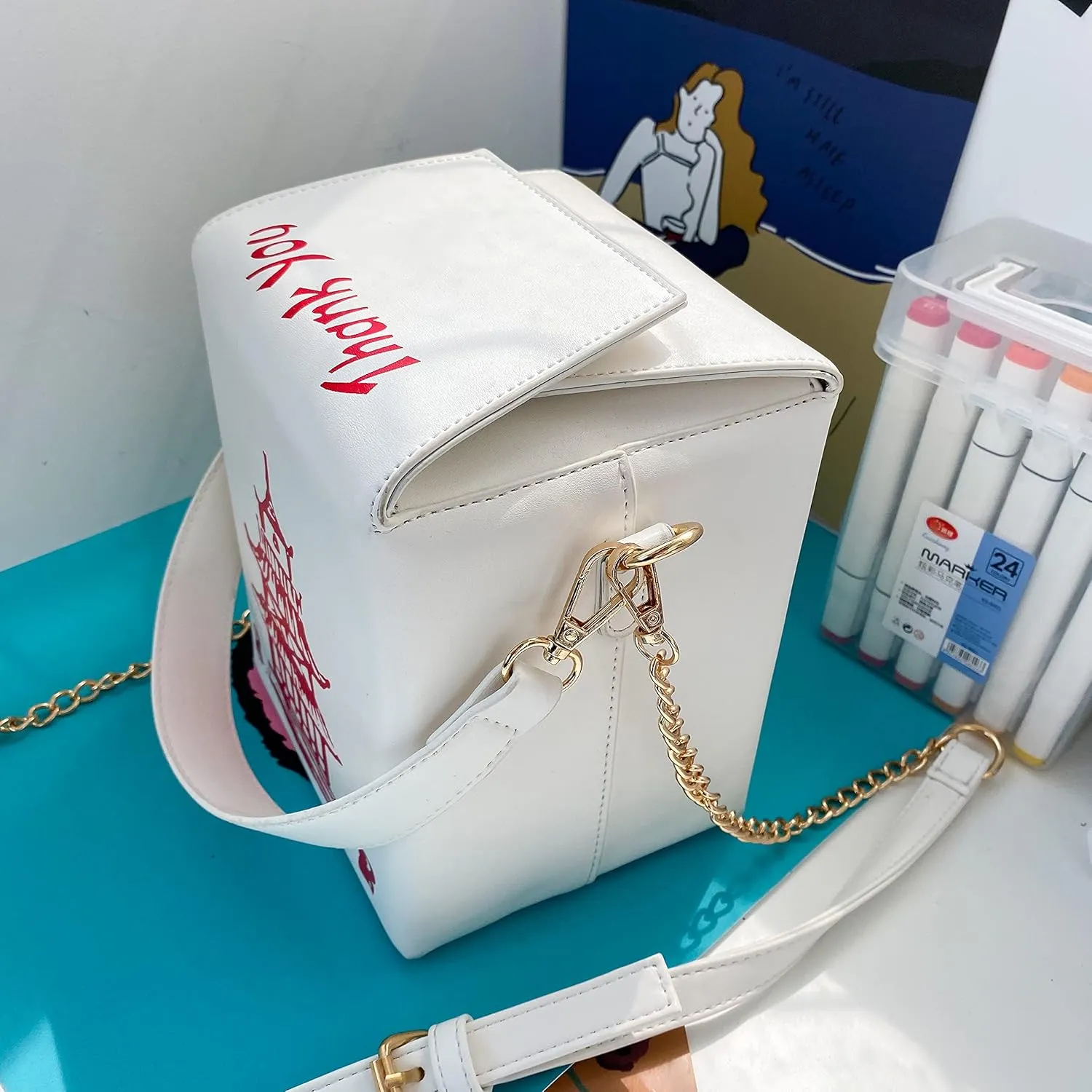 Tower Print Crossbody Shoulder Bag,Pu Chinese Takeout Box Totes Purse for Women