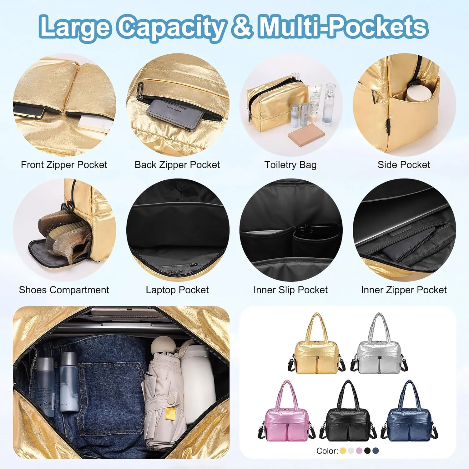 Travel Duffel Bag, 20L Weekend Bag for Women, Gym Bag with Shoes Compartment, Luggage Overnight Carry on Bag with Wet Pocket for Travel Camping, Gold