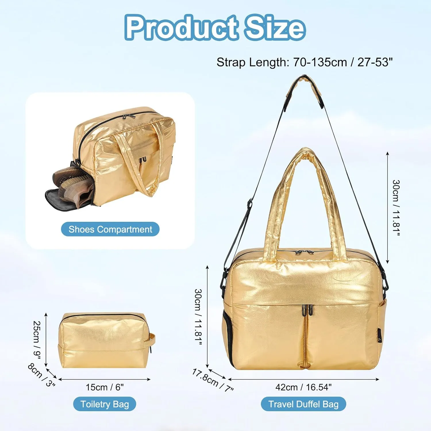 Travel Duffel Bag, 20L Weekend Bag for Women, Gym Bag with Shoes Compartment, Luggage Overnight Carry on Bag with Wet Pocket for Travel Camping, Gold