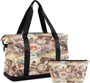 Travel Duffel Bag with Toiletry Bag, Large Sports Tote Gym Bag, Waterproof Packable Duffle Bag with Shoe Compartment, Vintage Photos Teacups Weekender Overnight Bag Gym Bag for Women Men