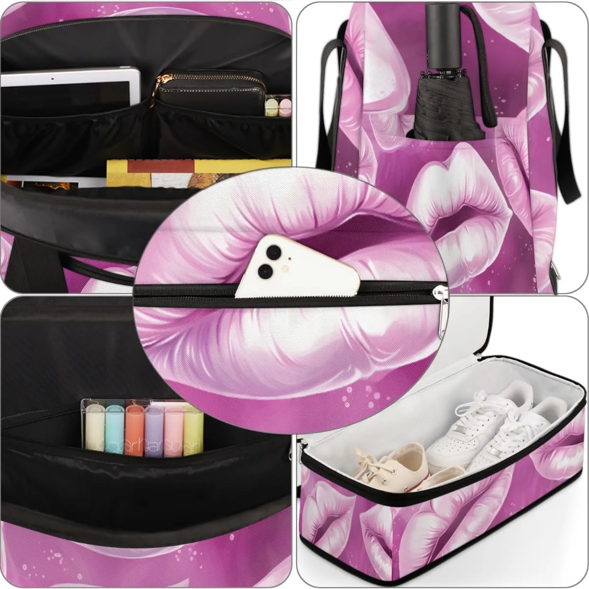 Travel Duffel Bags Lips Foldable Weekender Bags for Women with Shoes Compartment Waterproof & Tear Resistant Carry on Overnight Luggage Duffel Bag Shoulder Sports Tote Bag