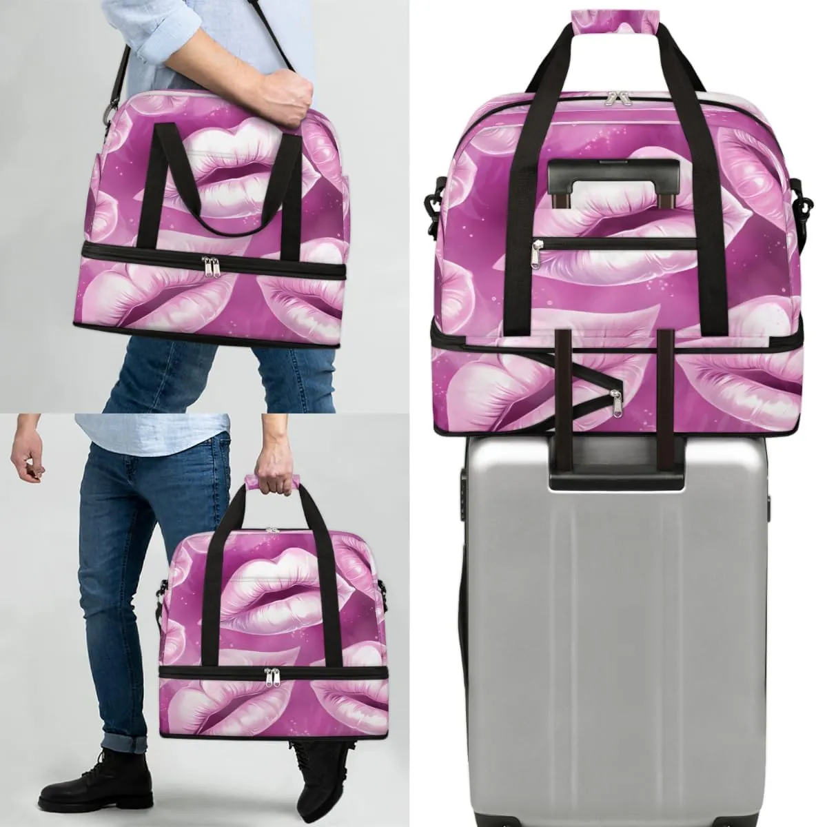 Travel Duffel Bags Lips Foldable Weekender Bags for Women with Shoes Compartment Waterproof & Tear Resistant Carry on Overnight Luggage Duffel Bag Shoulder Sports Tote Bag