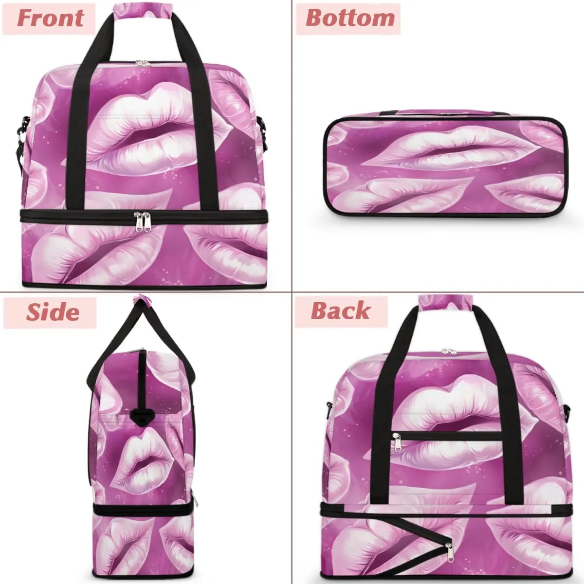 Travel Duffel Bags Lips Foldable Weekender Bags for Women with Shoes Compartment Waterproof & Tear Resistant Carry on Overnight Luggage Duffel Bag Shoulder Sports Tote Bag