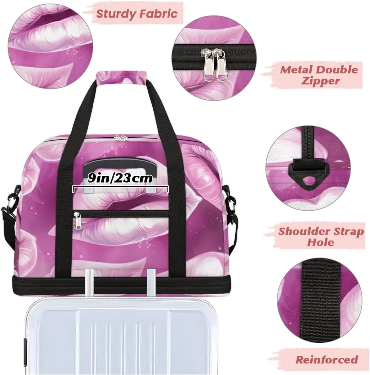 Travel Duffel Bags Lips Foldable Weekender Bags for Women with Shoes Compartment Waterproof & Tear Resistant Carry on Overnight Luggage Duffel Bag Shoulder Sports Tote Bag