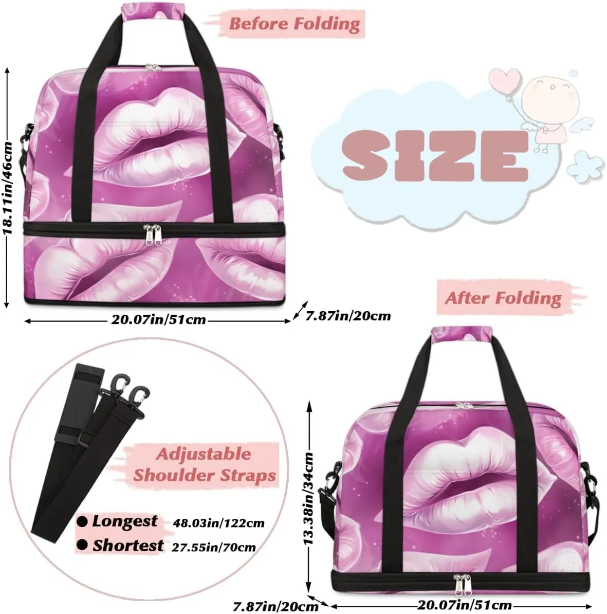Travel Duffel Bags Lips Foldable Weekender Bags for Women with Shoes Compartment Waterproof & Tear Resistant Carry on Overnight Luggage Duffel Bag Shoulder Sports Tote Bag