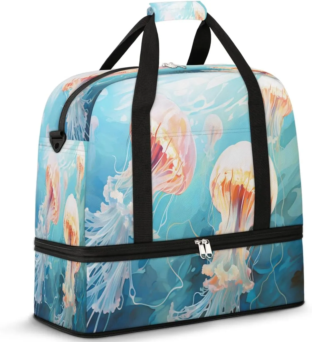 Travel Duffel Bags Watercolor Ocean Jellyfish Foldable Weekender Bags for Women with Shoes Compartment Waterproof & Tear Resistant Carry on Overnight Luggage Duffel Bag Shoulder Sports Tote Bag,B-61