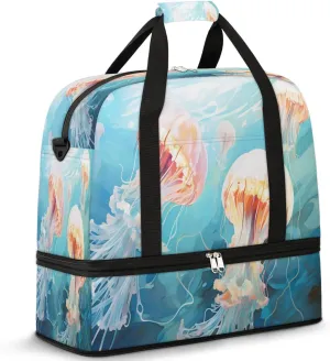 Travel Duffel Bags Watercolor Ocean Jellyfish Foldable Weekender Bags for Women with Shoes Compartment Waterproof & Tear Resistant Carry on Overnight Luggage Duffel Bag Shoulder Sports Tote Bag,B-61
