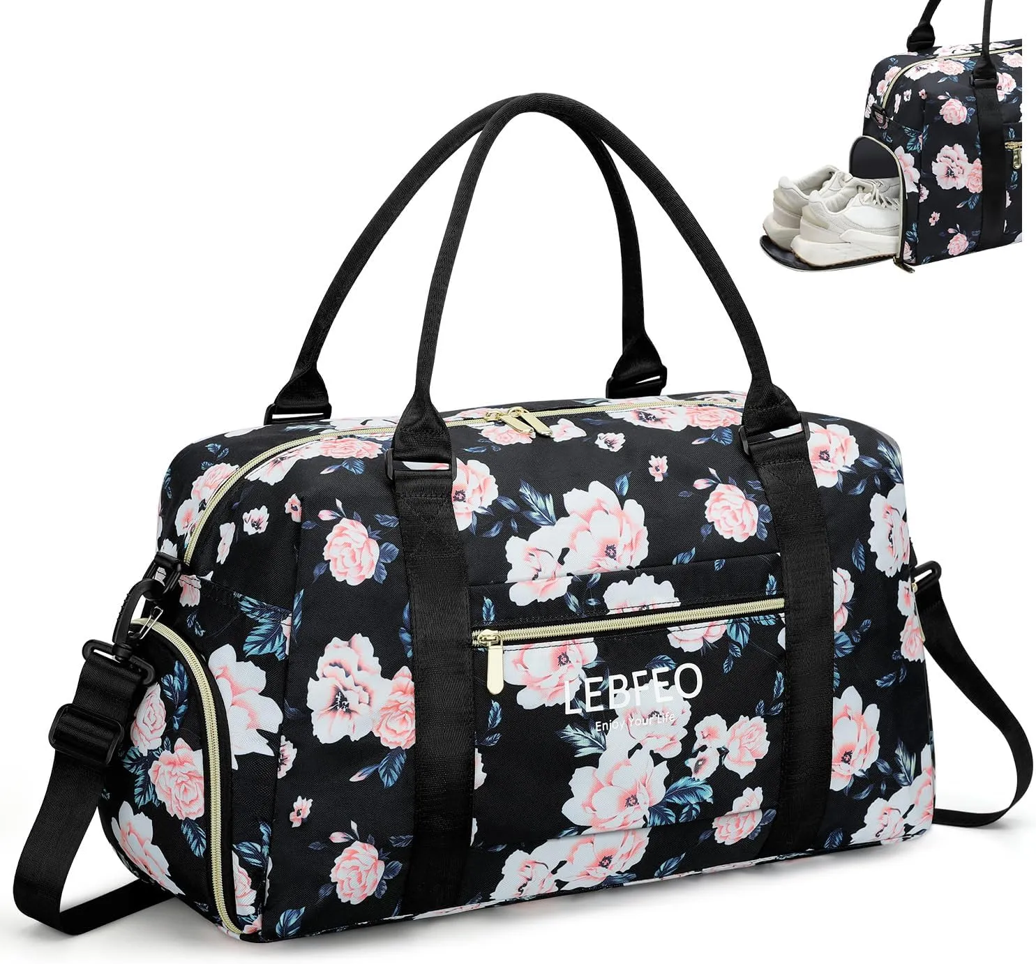 Travel Duffle Bag for Women Large Weekender Overnight Bags Gym Bag with Shoe Compartment Waterproof Hospital Bag Carry On Tote Bag for Airplanes,Black Flower