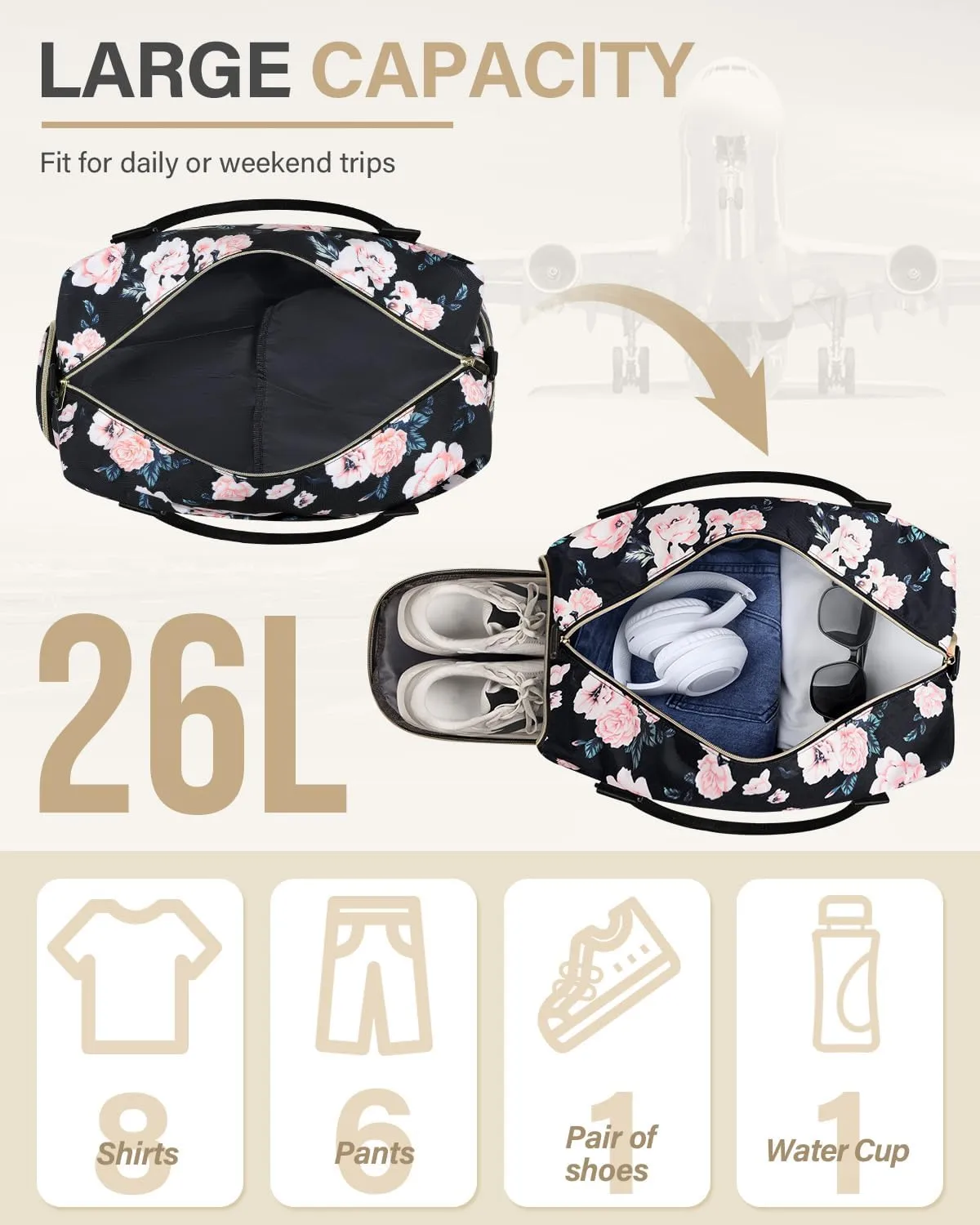Travel Duffle Bag for Women Large Weekender Overnight Bags Gym Bag with Shoe Compartment Waterproof Hospital Bag Carry On Tote Bag for Airplanes,Black Flower