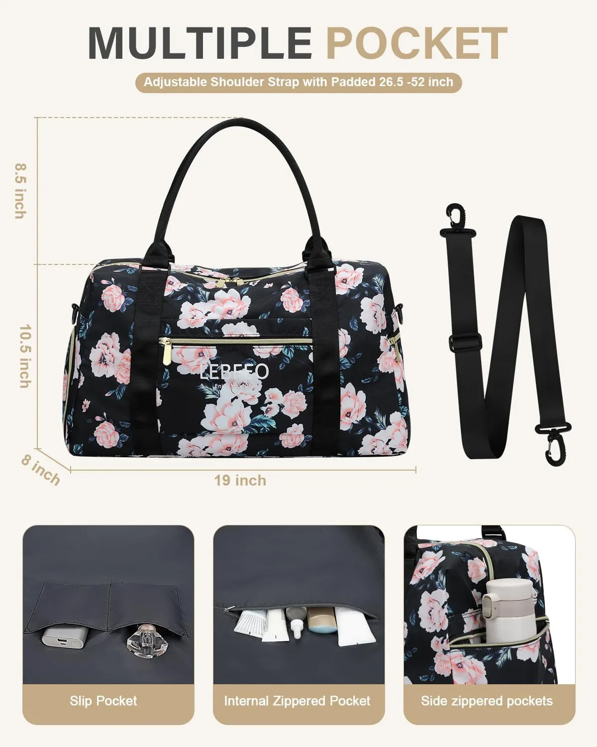 Travel Duffle Bag for Women Large Weekender Overnight Bags Gym Bag with Shoe Compartment Waterproof Hospital Bag Carry On Tote Bag for Airplanes,Black Flower