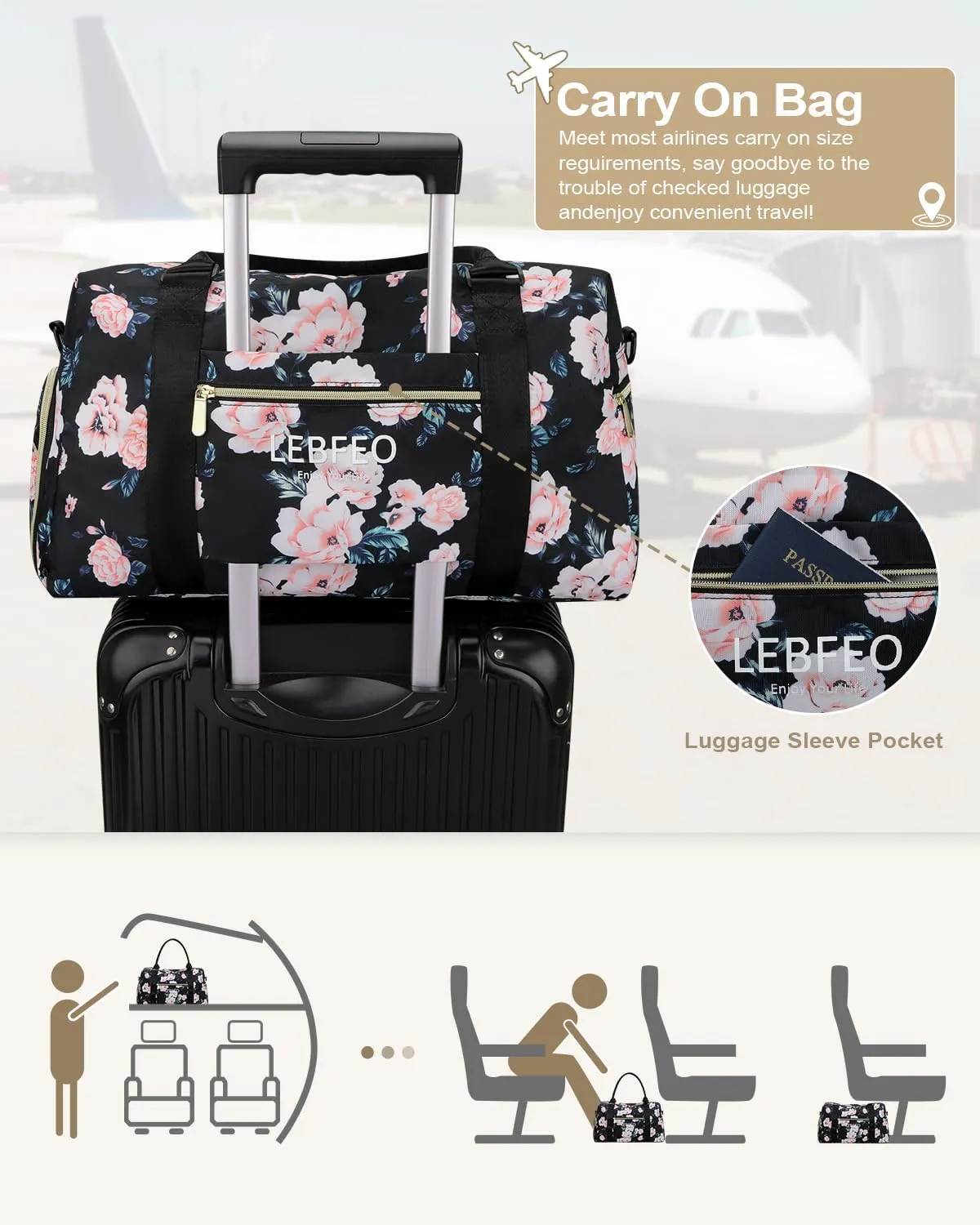Travel Duffle Bag for Women Large Weekender Overnight Bags Gym Bag with Shoe Compartment Waterproof Hospital Bag Carry On Tote Bag for Airplanes,Black Flower