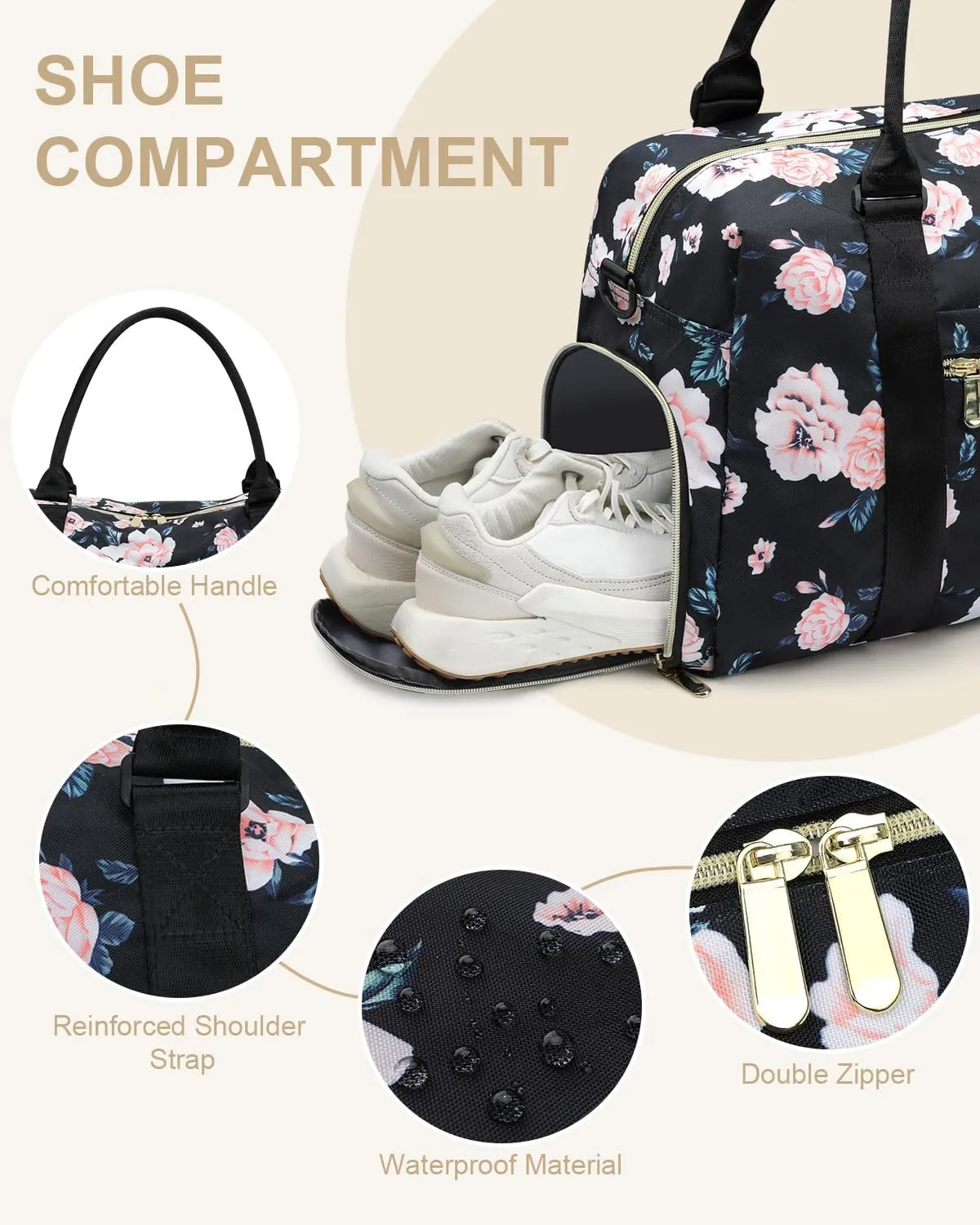 Travel Duffle Bag for Women Large Weekender Overnight Bags Gym Bag with Shoe Compartment Waterproof Hospital Bag Carry On Tote Bag for Airplanes,Black Flower