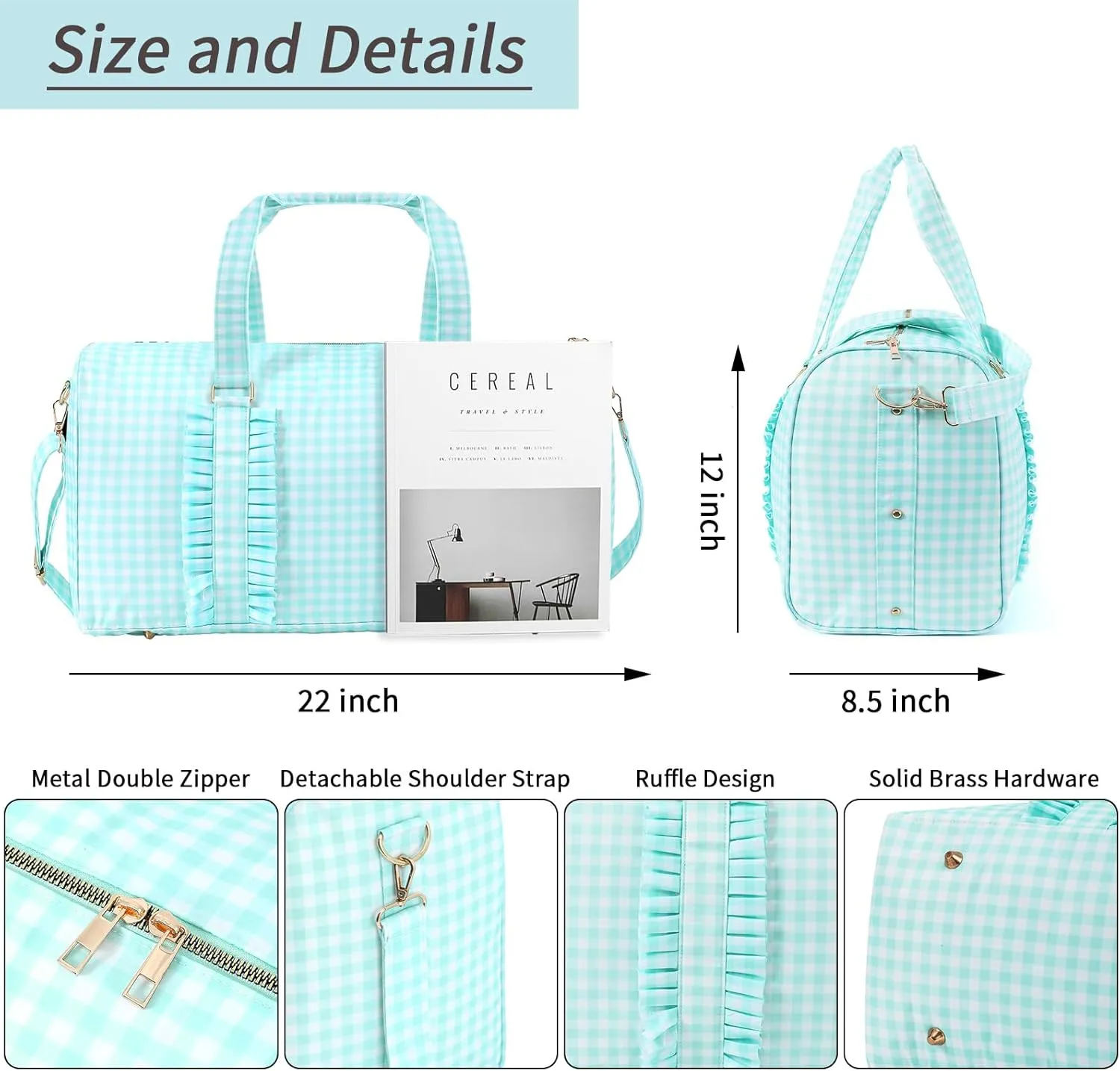 Travel Duffle Bag Gingham Green Tote Bag Overnight Bag Cute Weekend Gym Bag Airlines Carry on Luggage