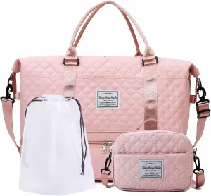 Travel Duffle Bag,Weekender Bags for Women with Shoe Compartment，Carry on Overnight Bag with Toiletry Bag,Gym Duffel Bag with Wet Pocket, Hospital Bags for Labor and Delivery (Pink-Large-3 Pcs)