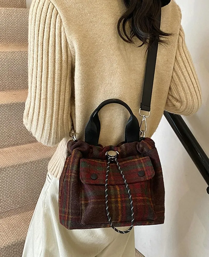 Trendy Bucket Crossbody Bags for Women Checkered Shoulder Purse with Drawstring Small Ladies Tote Handbags