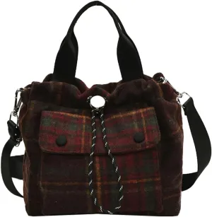 Trendy Bucket Crossbody Bags for Women Checkered Shoulder Purse with Drawstring Small Ladies Tote Handbags