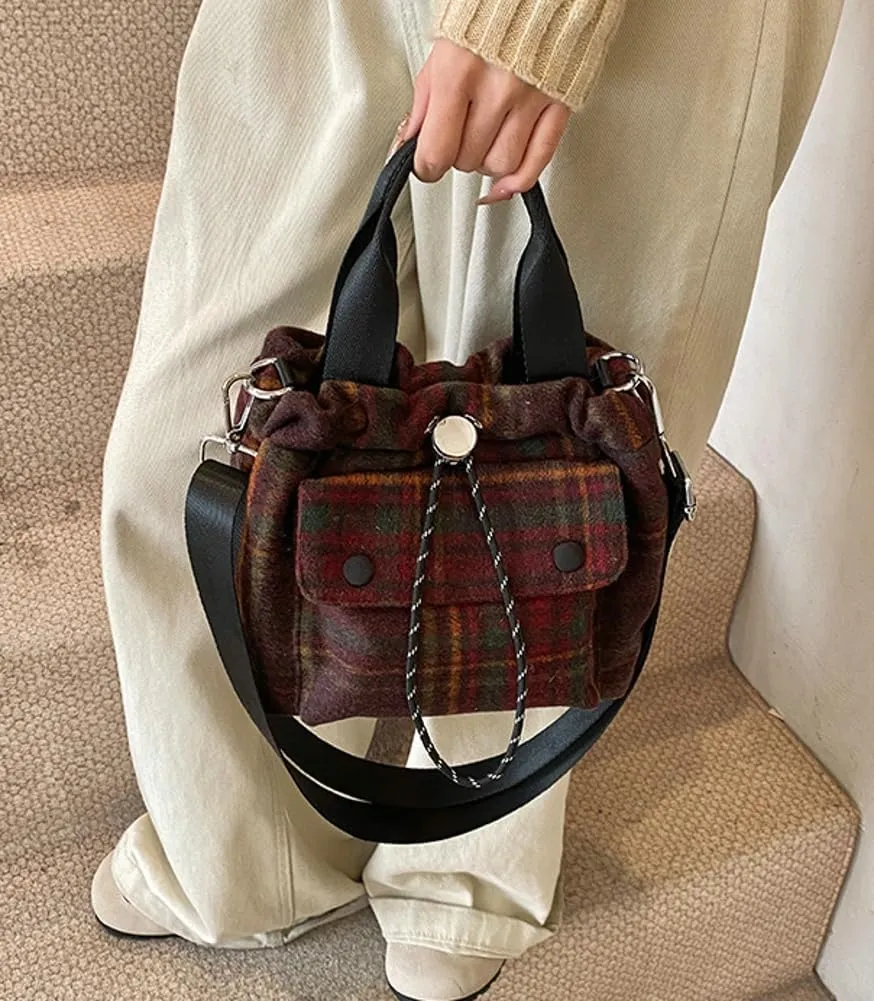Trendy Bucket Crossbody Bags for Women Checkered Shoulder Purse with Drawstring Small Ladies Tote Handbags