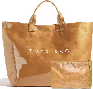 Trendy PVC Tote Bag for Women, Kraft Paper Letter Print Tote Bag Large Hobo Handbags with Top Handle