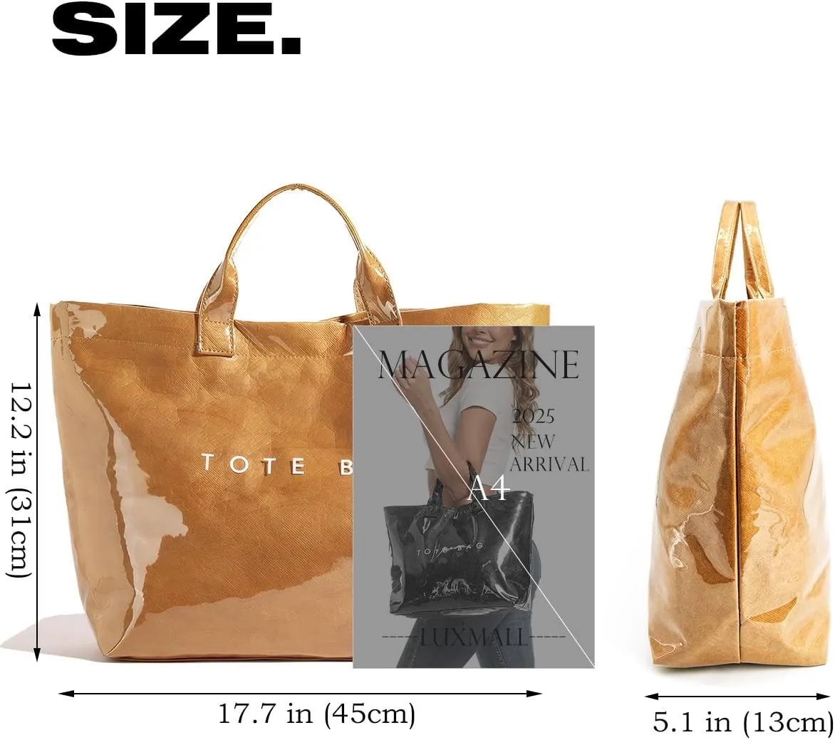 Trendy PVC Tote Bag for Women, Kraft Paper Letter Print Tote Bag Large Hobo Handbags with Top Handle
