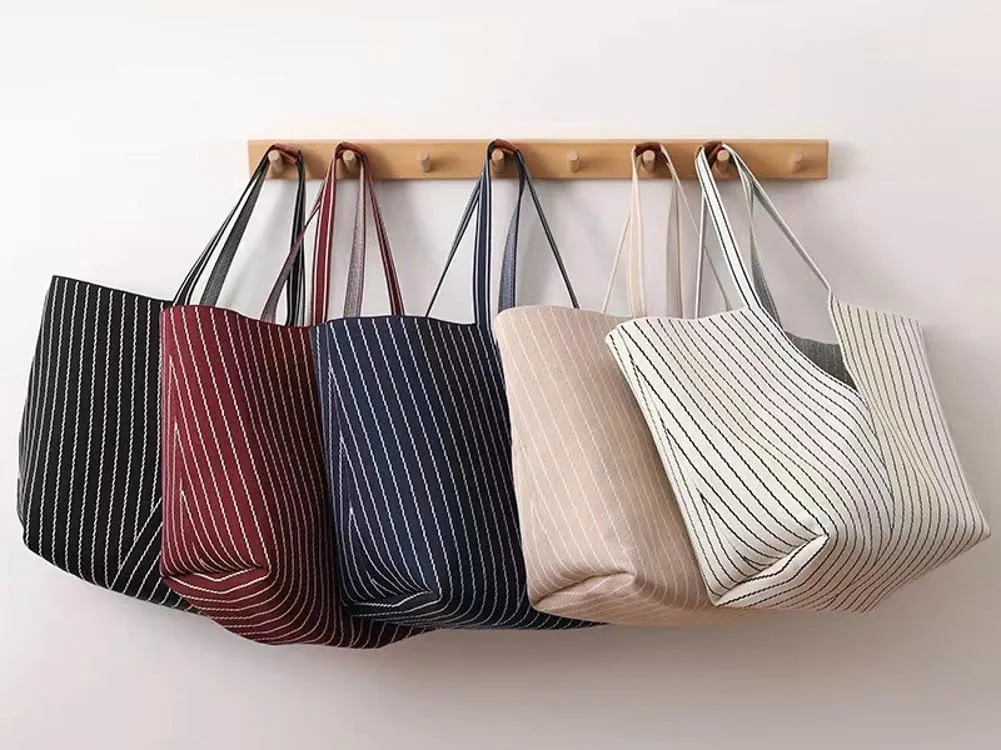 Trendy Tote Bag Women 2025 Retro Stripes Purses Large Shoulder Bags Top Handle Handbags Satchel with Wallet 2PCS