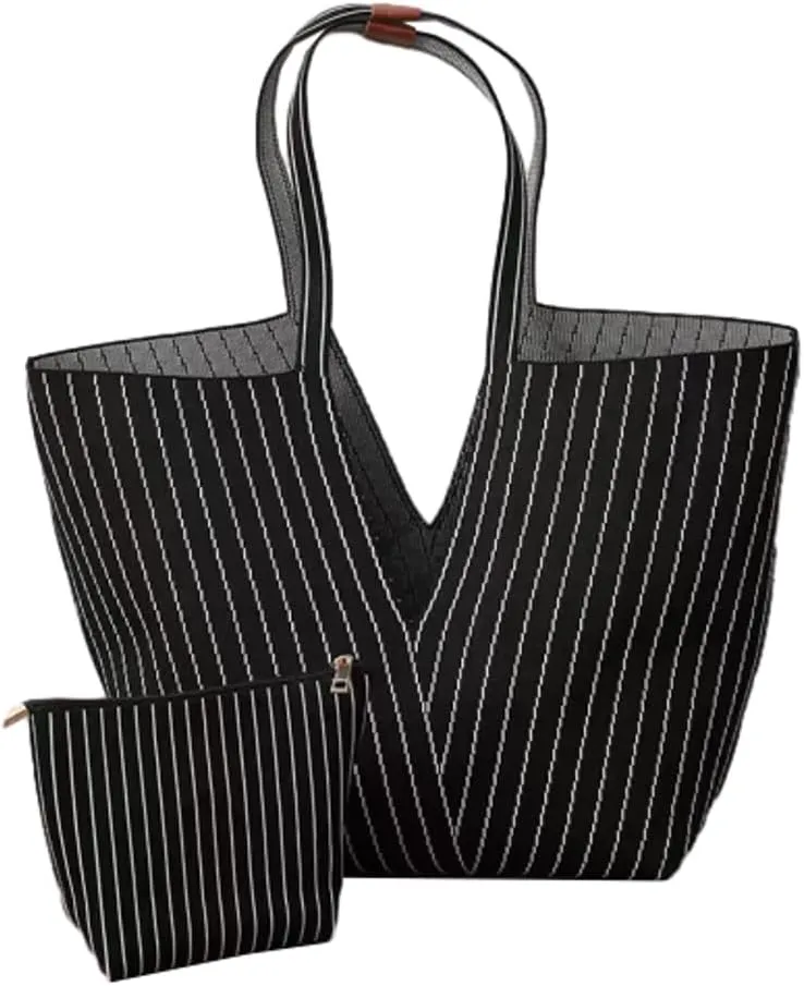 Trendy Tote Bag Women 2025 Retro Stripes Purses Large Shoulder Bags Top Handle Handbags Satchel with Wallet 2PCS