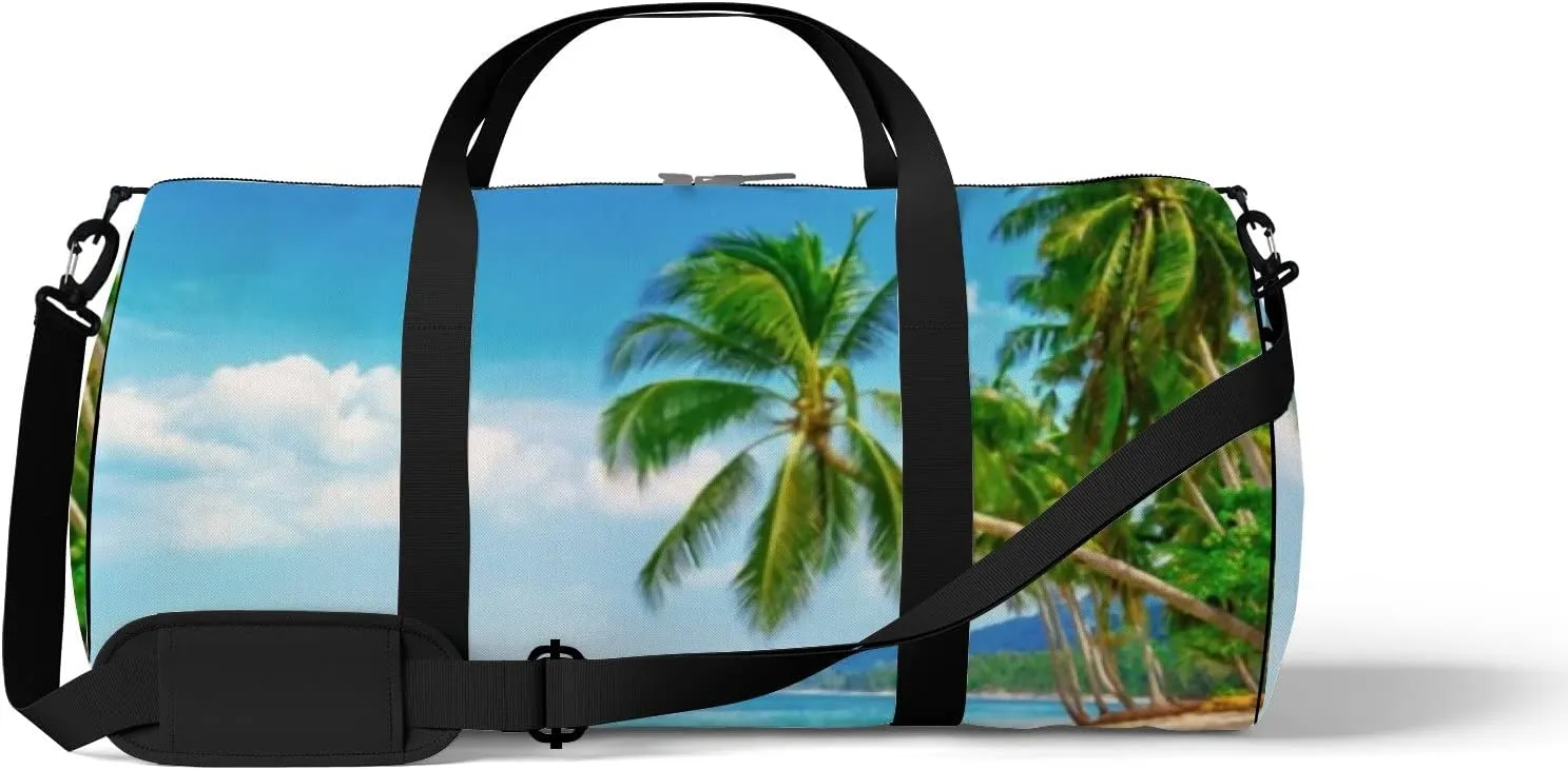 Tropical Beach with Palms Sports Duffel Bag Travel Gym Tote Bags Lightweight Durable Shoulder Strap Waterproof Polyester Outside Mesh Pocket Overnight Trip Duffel Bag for Women Men