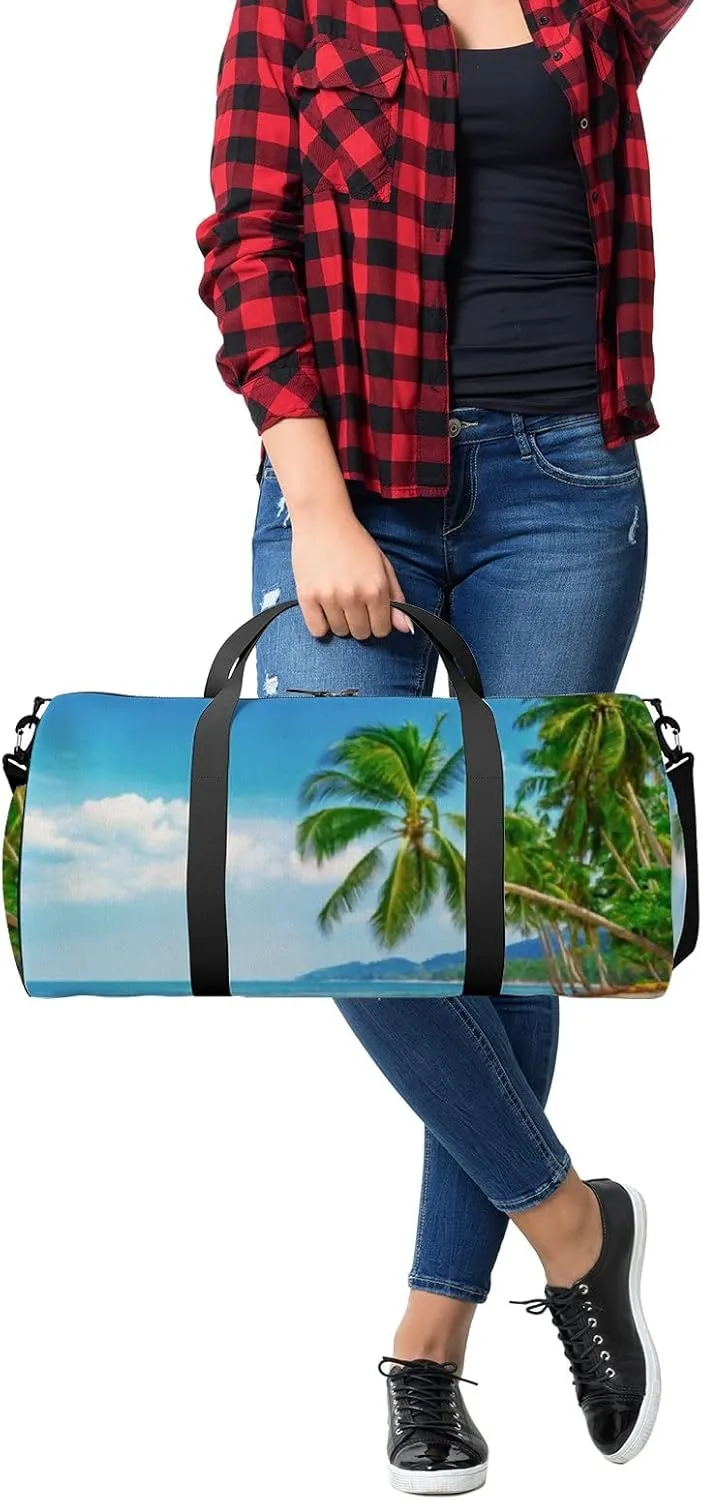 Tropical Beach with Palms Sports Duffel Bag Travel Gym Tote Bags Lightweight Durable Shoulder Strap Waterproof Polyester Outside Mesh Pocket Overnight Trip Duffel Bag for Women Men