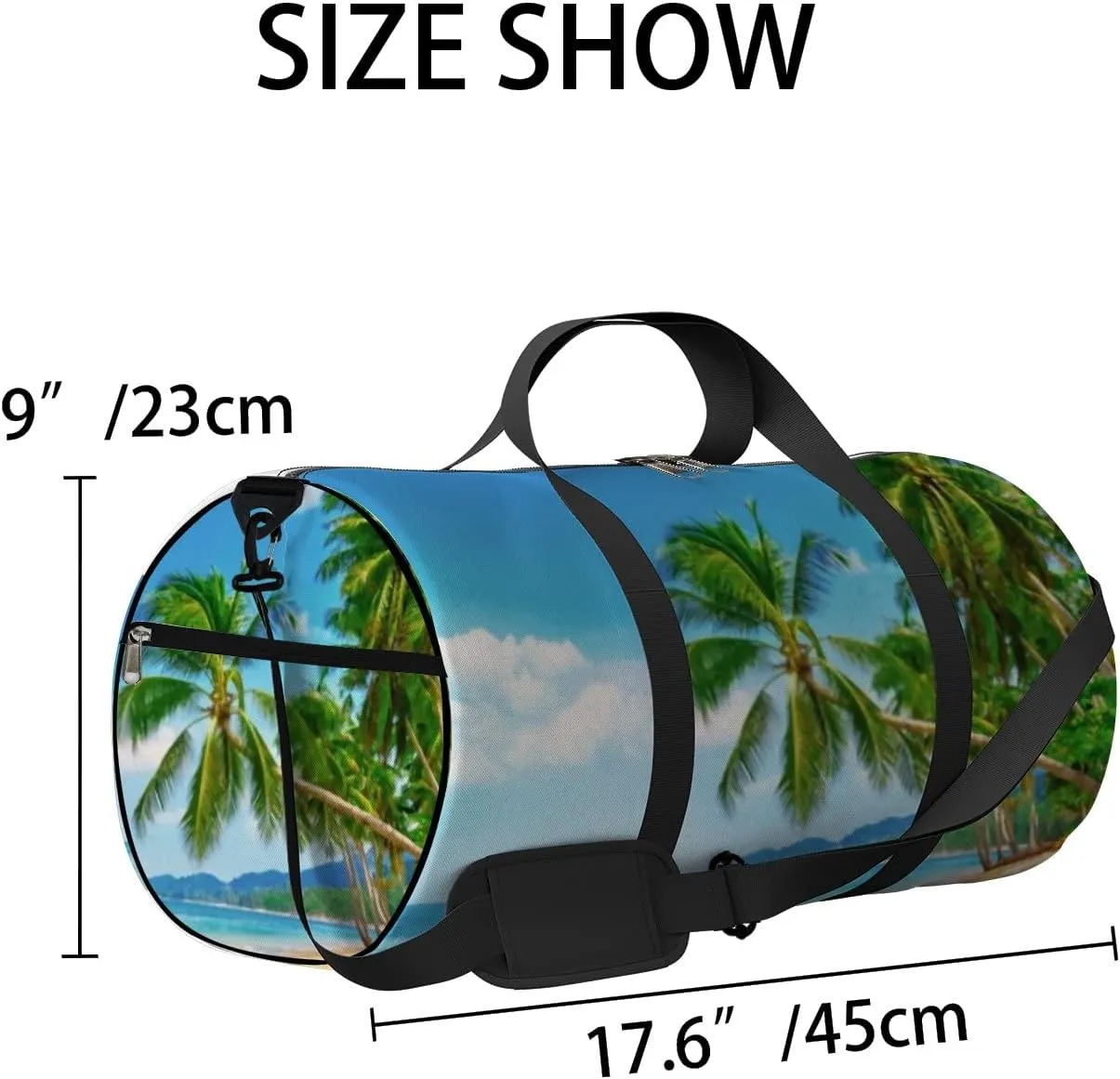 Tropical Beach with Palms Sports Duffel Bag Travel Gym Tote Bags Lightweight Durable Shoulder Strap Waterproof Polyester Outside Mesh Pocket Overnight Trip Duffel Bag for Women Men