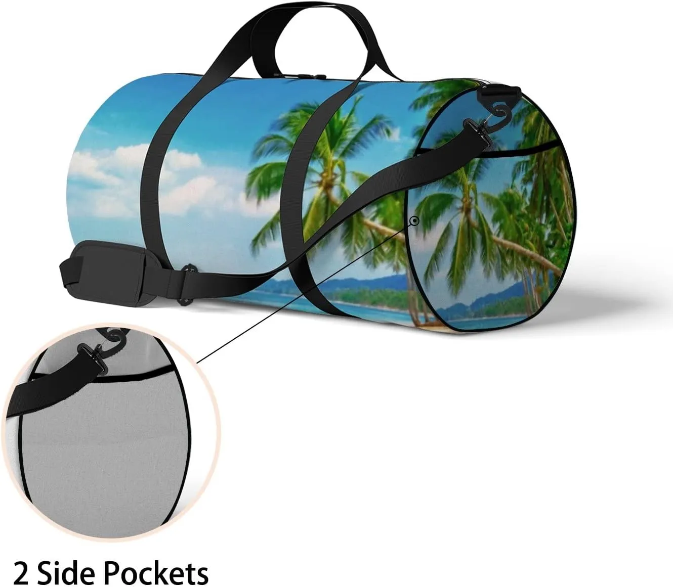 Tropical Beach with Palms Sports Duffel Bag Travel Gym Tote Bags Lightweight Durable Shoulder Strap Waterproof Polyester Outside Mesh Pocket Overnight Trip Duffel Bag for Women Men