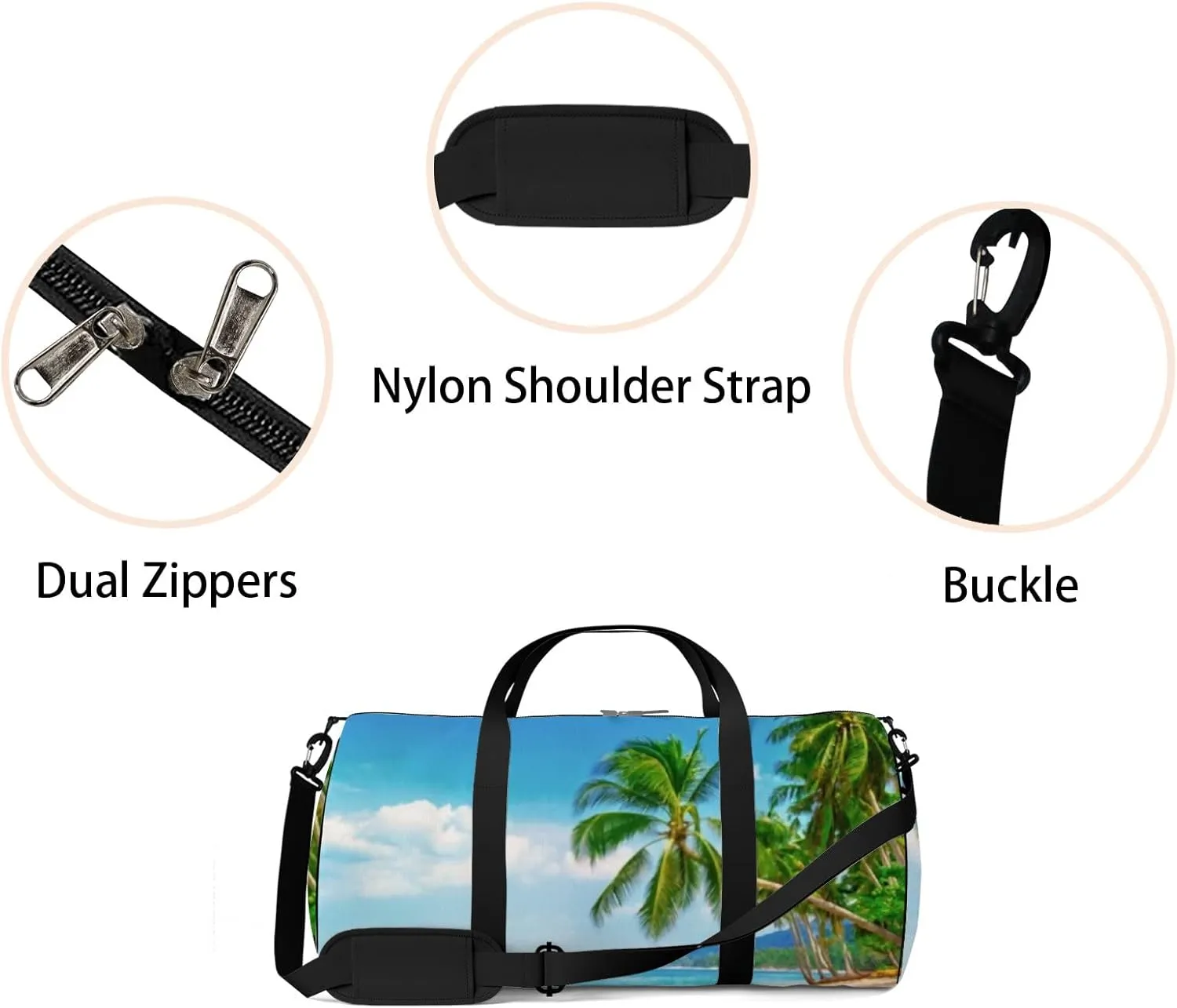 Tropical Beach with Palms Sports Duffel Bag Travel Gym Tote Bags Lightweight Durable Shoulder Strap Waterproof Polyester Outside Mesh Pocket Overnight Trip Duffel Bag for Women Men