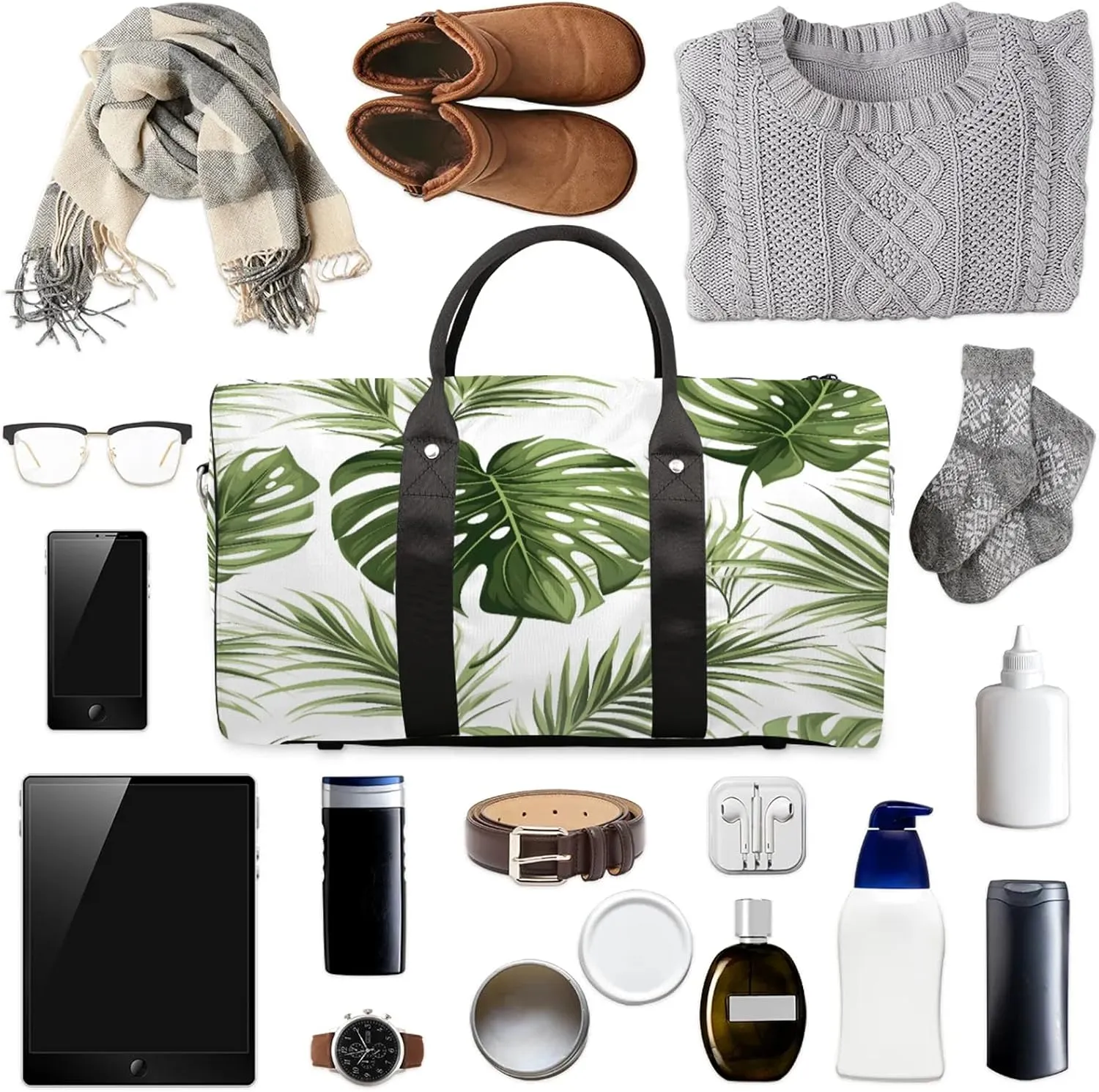 Tropical Plant Palm Leaves Travel Duffle Bag, Sports Gym Bags for Women Men, Carry On Weekender Overnight Workout Airplane Trips Bag