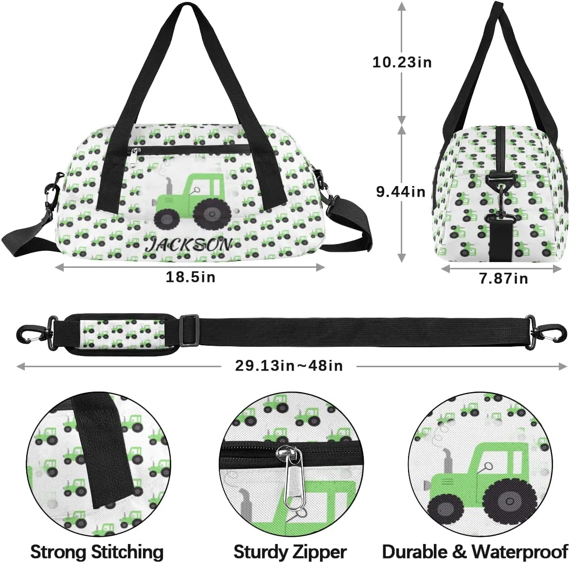 Truck Car Custom Name Kids Overnight Duffel Bags Boys Green Tractor Personalized Sport Gym Bag Customized Duffel Bag for Travel Weekender Practice Gymnastics