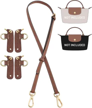 Upgraded Purse Strap Replacment Compatible with Longchamp Mini Bags, 4 Non-Slip Metal Clasps Shoulder Strap, Adjustable 37-48 Inch Leather Crossbody Belt for Women (Brown)