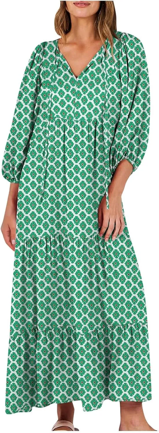 Vacation Dresses for Women 2024 Trendy 3/4 Sleeve Tie V Neck Tiered Ruffle Maxi Dress Causal Loose Long Sleeve Dress