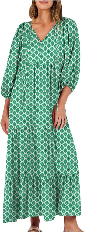Vacation Dresses for Women 2024 Trendy 3/4 Sleeve Tie V Neck Tiered Ruffle Maxi Dress Causal Loose Long Sleeve Dress