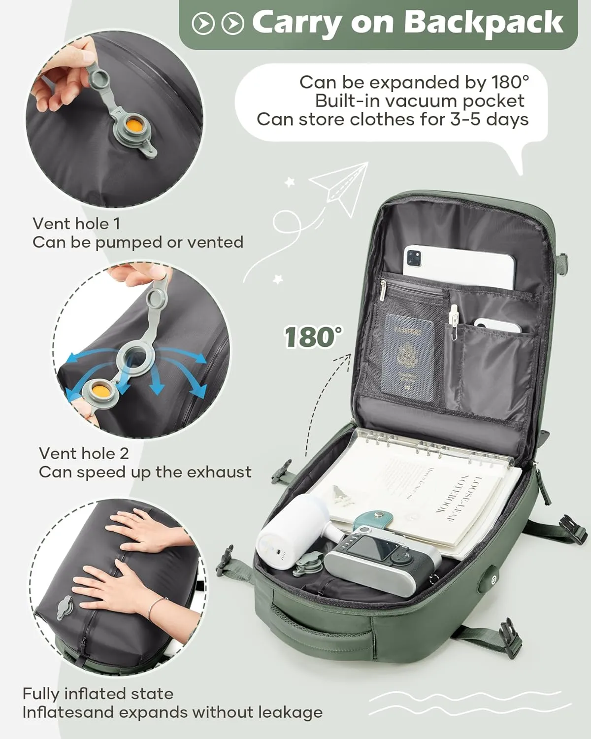 Vacuum Backpack Travel Laptop Backpacks For Women Men Carry On Backpack With Vacuum Compression Bags Seal Packing Personal Item Travel Bag Airback Backpacks Without Pump Olive Green