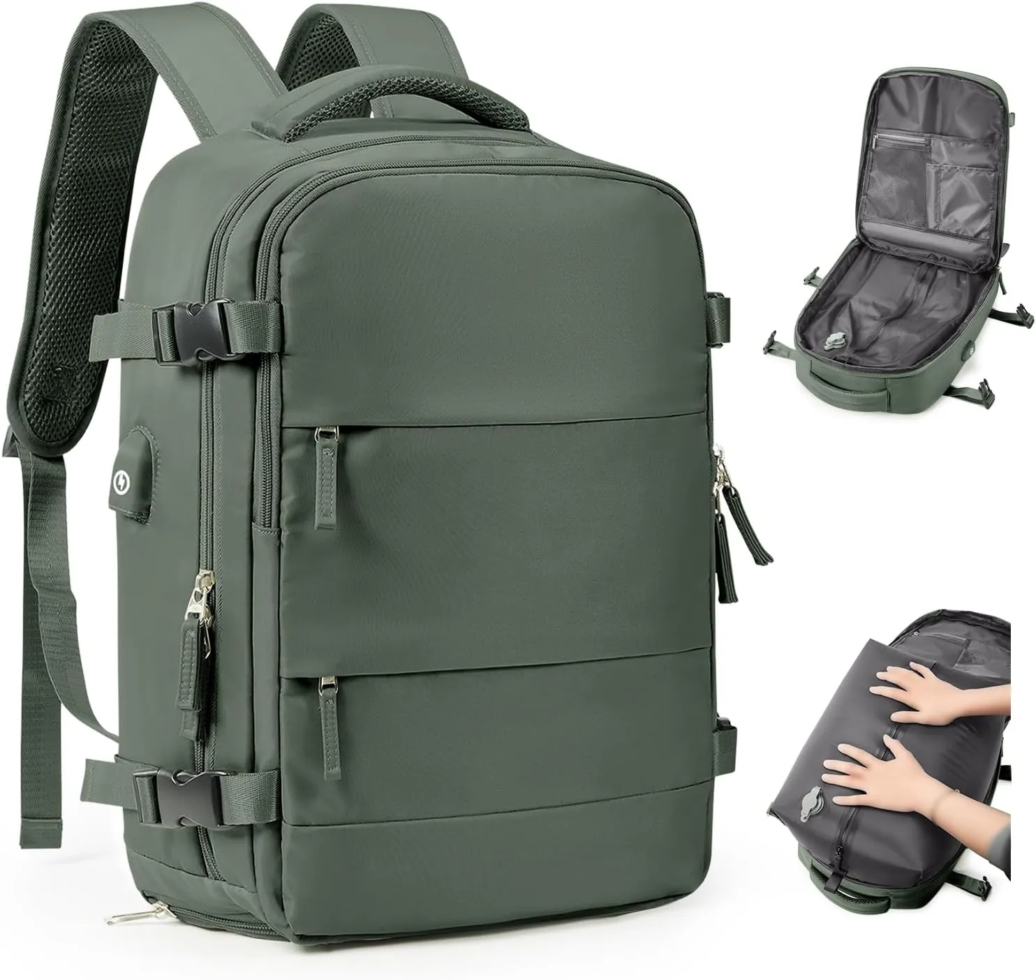 Vacuum Backpack Travel Laptop Backpacks For Women Men Carry On Backpack With Vacuum Compression Bags Seal Packing Personal Item Travel Bag Airback Backpacks Without Pump Olive Green