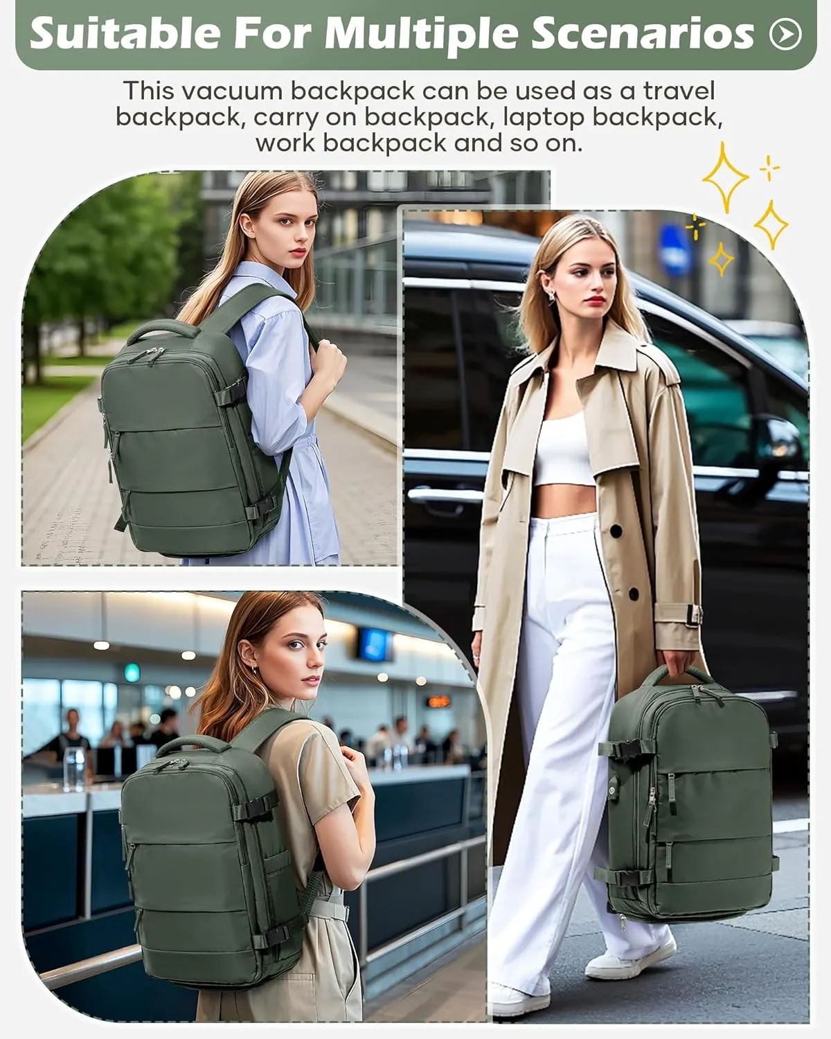 Vacuum Backpack Travel Laptop Backpacks For Women Men Carry On Backpack With Vacuum Compression Bags Seal Packing Personal Item Travel Bag Airback Backpacks Without Pump Olive Green