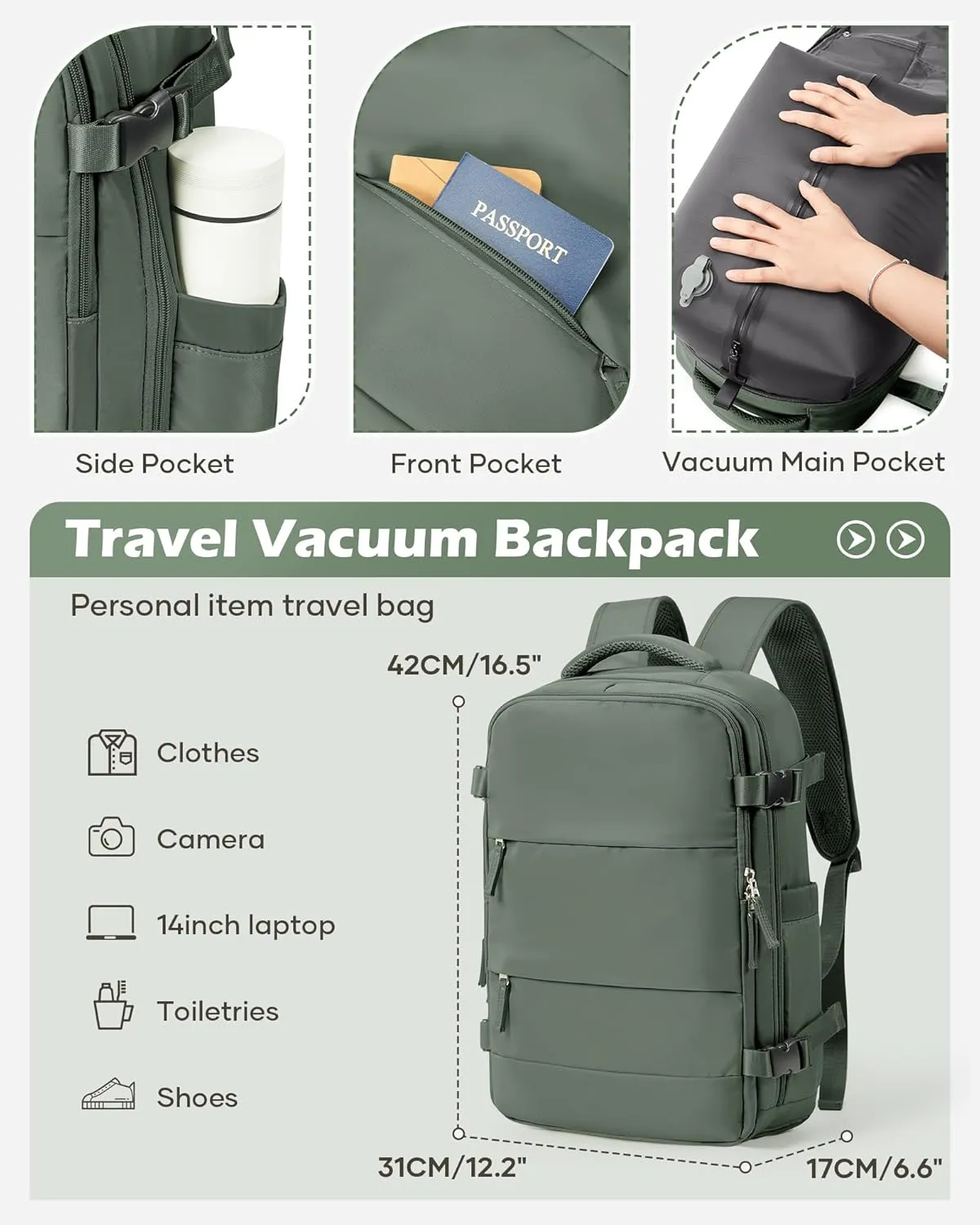Vacuum Backpack Travel Laptop Backpacks For Women Men Carry On Backpack With Vacuum Compression Bags Seal Packing Personal Item Travel Bag Airback Backpacks Without Pump Olive Green