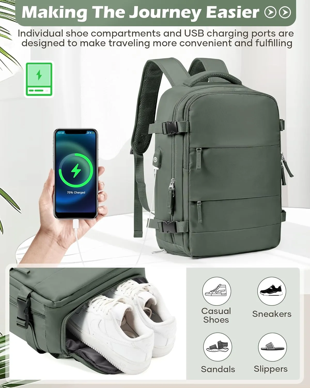 Vacuum Backpack Travel Laptop Backpacks For Women Men Carry On Backpack With Vacuum Compression Bags Seal Packing Personal Item Travel Bag Airback Backpacks Without Pump Olive Green
