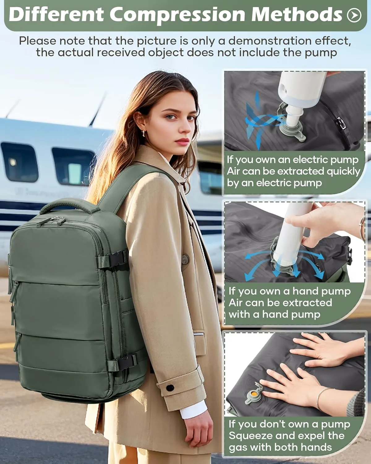 Vacuum Backpack Travel Laptop Backpacks For Women Men Carry On Backpack With Vacuum Compression Bags Seal Packing Personal Item Travel Bag Airback Backpacks Without Pump Olive Green