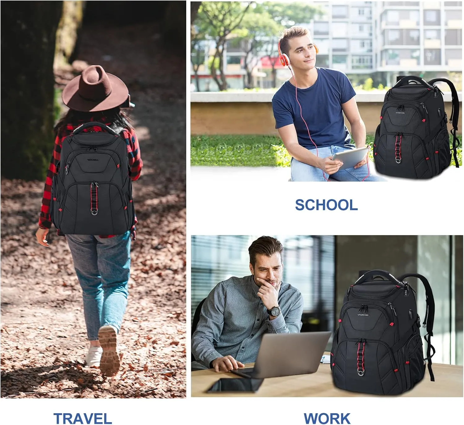 VANKEAN 17.3'' Travel Laptop Backpack TSA Friendly, Water Resistant Anti Theft Extra Large College Backpacks with RFID Pockets, USB Port for Men Women Business Work Bag, Black