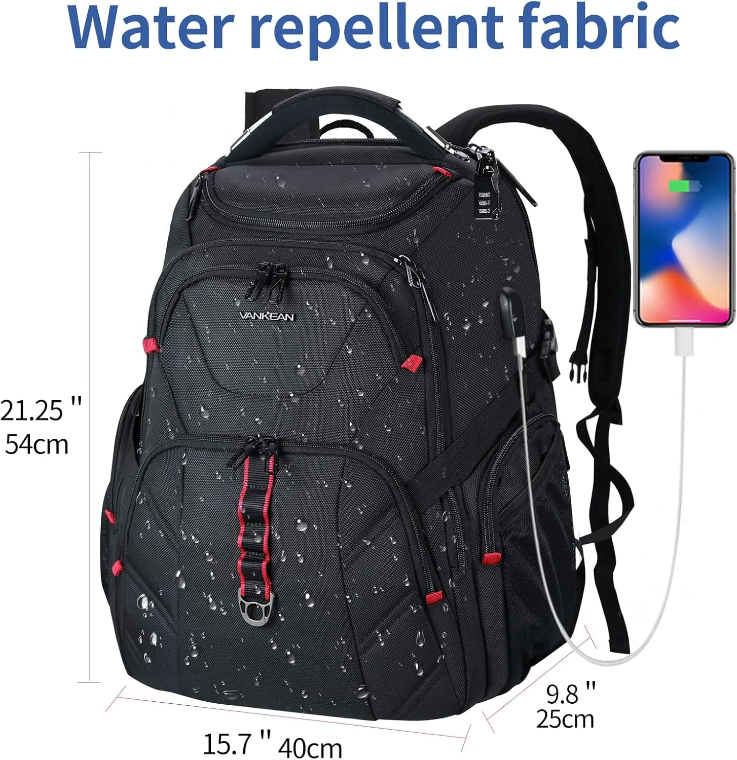 VANKEAN 17.3'' Travel Laptop Backpack TSA Friendly, Water Resistant Anti Theft Extra Large College Backpacks with RFID Pockets, USB Port for Men Women Business Work Bag, Black