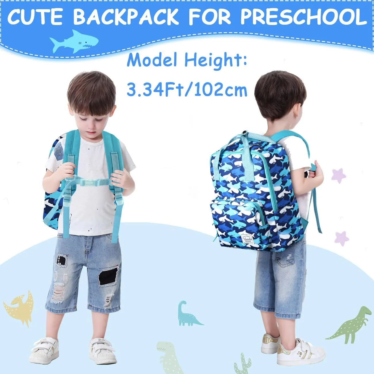 VASCHY Dinosaur Backpacks Kids, Lightweight Toddler Kids Preschool Backpack for Children