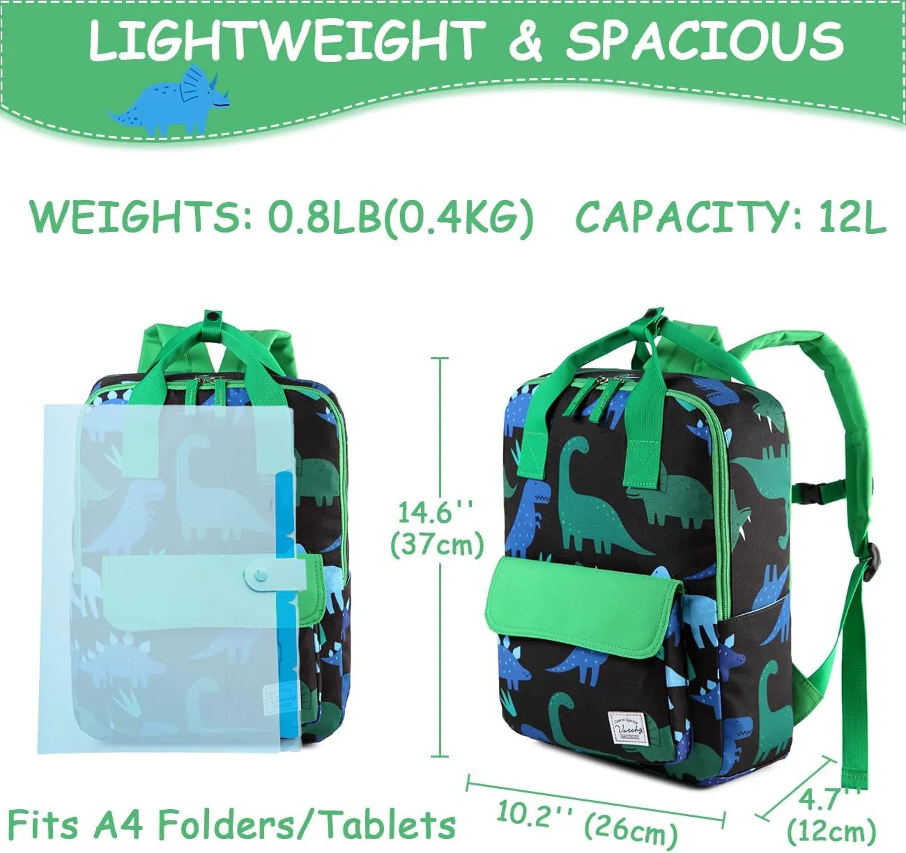 VASCHY Dinosaur Backpacks Kids, Lightweight Toddler Kids Preschool Backpack for Children