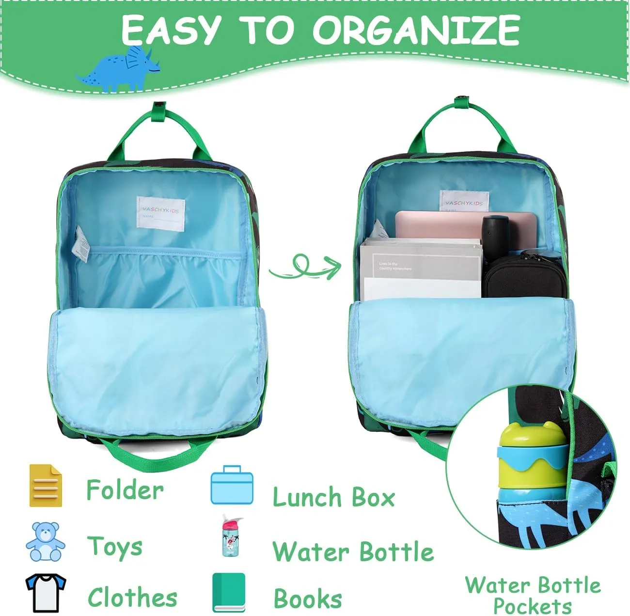 VASCHY Dinosaur Backpacks Kids, Lightweight Toddler Kids Preschool Backpack for Children