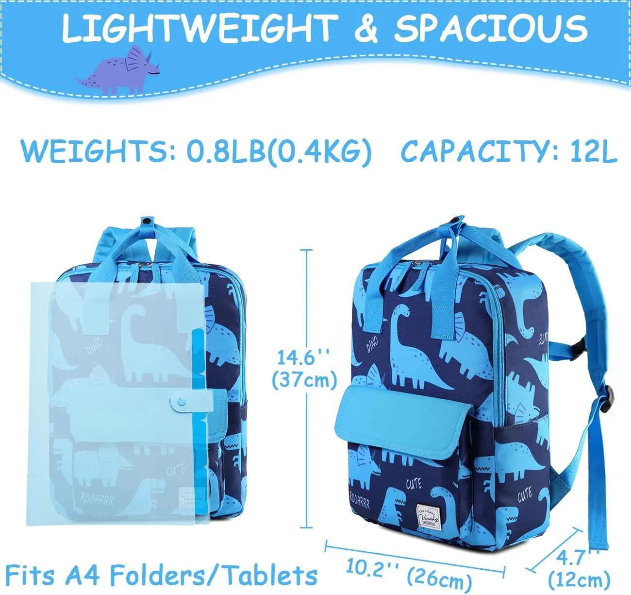 VASCHY Dinosaur Backpacks Kids, Lightweight Toddler Kids Preschool Backpack for Children